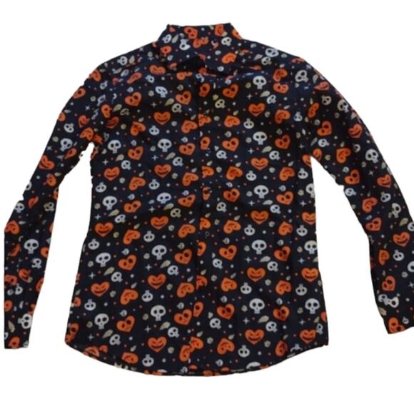 NWOT Simon Banks Halloween buttondown longsleeve shirt heart pumpkins skulls S - Picture 1 of 10